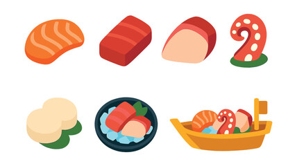 Flat vector icons of sashimi selections: salmon sashimi slice, tuna sashimi piece, yellowtail cut, octopus sashimi curl, scallop sashimi, mackerel slice, sashimi on ice plate, assorted sashimi boat.