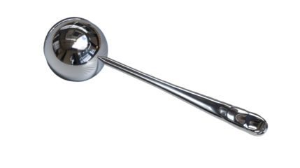 A shiny silver ladle with a spherical bowl and a long handle on a  transparent background in a studio shot 