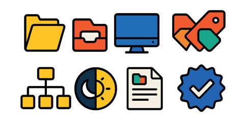 Flat vector icons of digital workspace organization: project folders, asset library icon, clean desktop icon, tag filter icon, folder hierarchy tree, workspace theme toggle, naming convention guide,