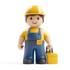 Cheerful cartoon construction worker holds toolbox.