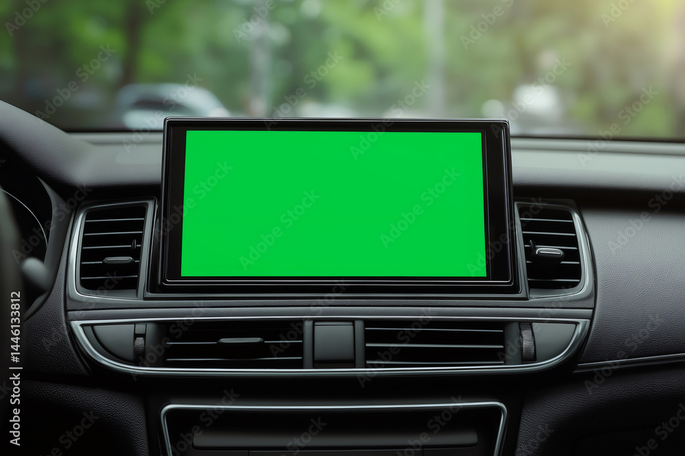 Poster green screen display on car dashboard showing navigation system with blurred city street in backgrou