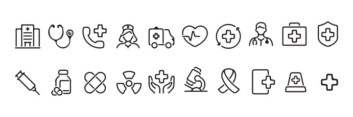 Medical and Healthcare Line Icons Set Hospital, Doctor, Emergency, and Wellness Symbols