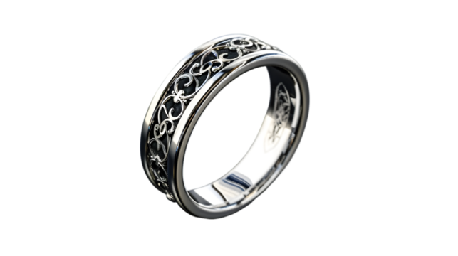 Close up of a silver ring with intricate filigree design against a  transparent background in studio shot 