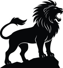 silhouette of a lion roaring on a rock on white 