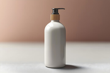 Stylish white cosmetic dispenser bottle with a pump cap, displayed against a soft neutral background