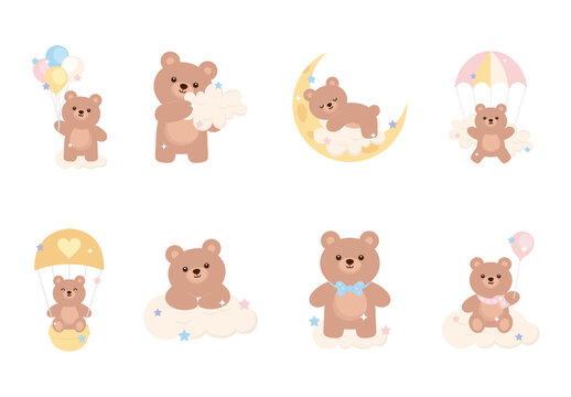 Brown Baby Cartoon Bears With Cloud Stickers Set