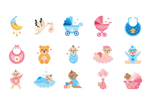 Colorful Cute Celebration Childhood Newborn Shower Illustration Set