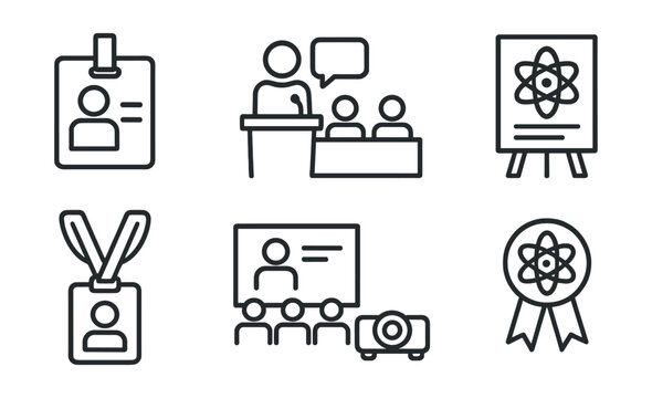 Line style icons of scientific conferences: name tag, speaker icon, panel table, poster board, badge lanyard, session room, slide projector, science badge.