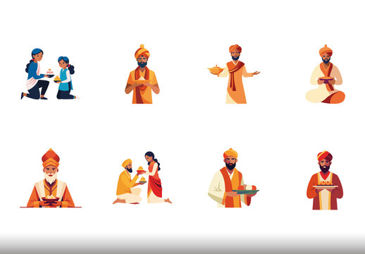 Colorful Traditional Indian Family Offering Illustration Set