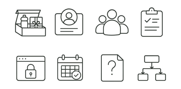 Line style icons of onboarding process: welcome kit, user profile, team intro, first task, access setup, calendar invite, help doc, training flow.