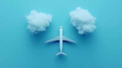 Minimalist Travel Concept with Airplane and Clouds on Blue Background