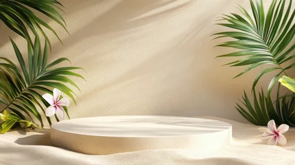 Fototapete A stunning image of summer sand 3d background podium product scene display stand of minimal platform pedestal template showcase or empty cosmetic presentation stage. © Pixelzone