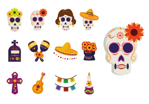 Colorful Dia de los Muertos Mexican Festive Cultural Skull Music Holiday Illustration Set