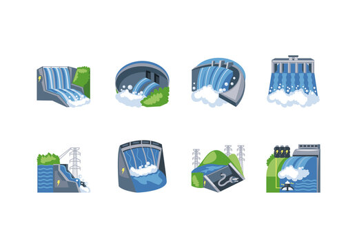 Blue Flowing Sustainable Hydro Power Dam Icons Set