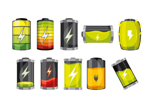 Yellow Green Electric Energy Battery Icons Set