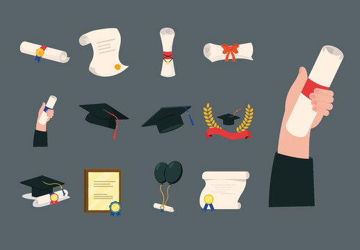 Colorful Academic Diploma Cap Scroll Graduation Icons Set