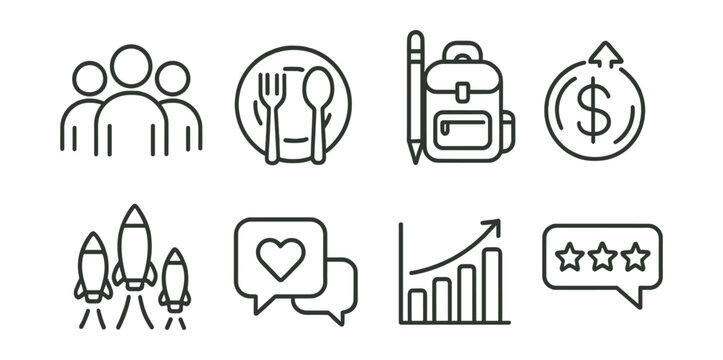 Line style icons of impact reporting: people helped icon, meals served, school supplies count, funds raised, projects launched, testimonials icon, graph impact, donor feedback.