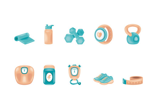 Cyan And Beige Healthy Lifestyle Equipment Icons Set