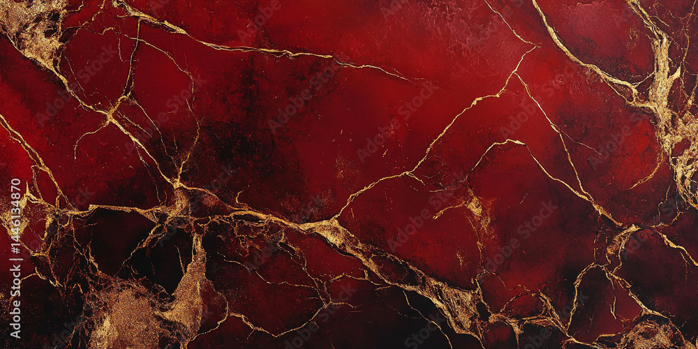 Poster red textured background with gold veins, resembling marble or stone. elegant, luxurious design suita