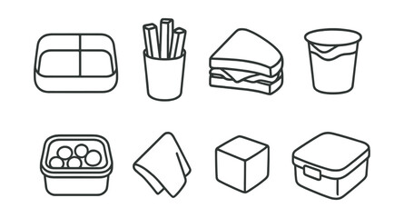 Line style icons of lunchbox ideas: divider box, veggie sticks, sandwich half, yogurt cup, fruit chunk, snack container, cloth napkin, food-safe box.