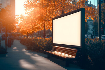 Blank Advertising Billboard in Modern City Street During Autumn