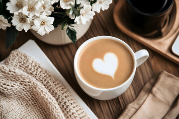 Cozy Morning Coffee with Heart Latte Art and Flowers