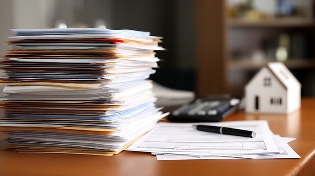 Desk holding mortgage applications financial statements property document pile  
