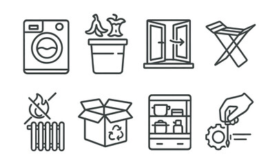 Line style icons of household sustainability behaviors: laundry on cold, compost kitchen bin, window open icon, drying rack sign, heat off badge, material reuse box, efficient shelf,