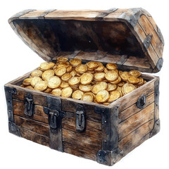 illustration of Treasure Chest With Gold Coins, watercolor vector, isolated on a white background.