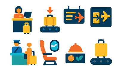 Flat vector icons of airport and flight logistics: check-in counter, baggage drop icon, departure board, flight gate symbol, customs checkpoint, window seat icon, in-flight meal, baggage claim