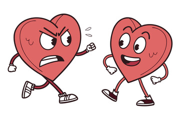 Cartoon Heart Chasing Happy Heart Character Angry Expression, Joyful, Running,