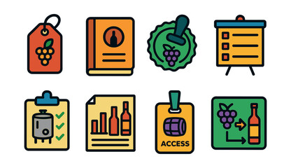 Flat vector icons of winery operations and records: vintage year tag, winemaker logbook, quality control stamp, production schedule board, tank cleaning checklist, wine inventory chart, cellar access