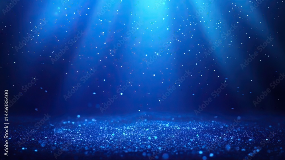 Poster blue glittering particle background with sparkles, bokeh, and soft light beam