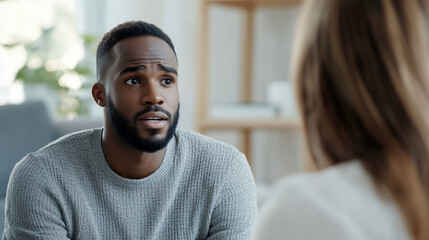Obraz premium Engaging conversation between a man and a woman inside a well-lit modern living room
