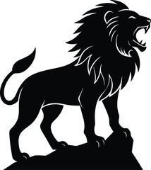 silhouette of a lion roaring on a rock on white 