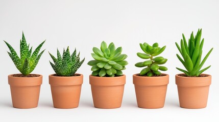 Fototapeta premium Five Small Succulents in Terracotta Pots on White Background