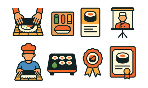 Flat vector icons of sushi learning and classes: sushi rolling lesson, ingredients board, sushi recipe card, chef demo setup, student with rolling mat, classroom sushi tray, training badge, sushi