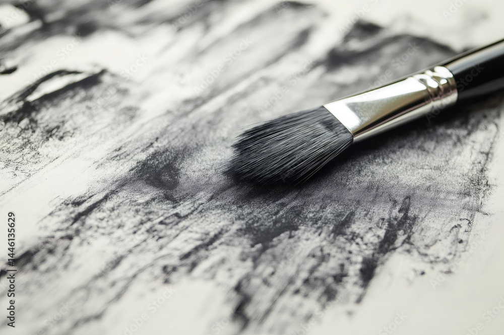 Poster close up of a paintbrush creating charcoal strokes on textured drawing paper, adding depth and shado