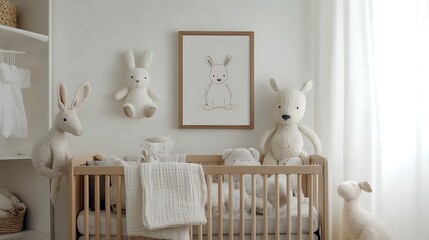 Stylish scandinavian newborn baby room with brown wooden mock up poster frame, toys, plush animal and child accessories. Cozy decoration. White wall. Generative Ai