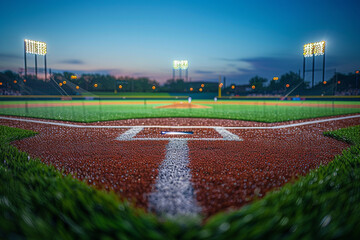Obraz premium mesmerizing baseball field at dusk comes to life as radiant lights illuminate entire stadium, creating the captivating atmosphere that sure to leave spectators in awe 