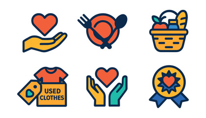 Flat vector icons of giving and generosity: open hand with heart, share meal icon, gift of support tag, food donation basket, used clothes box, give hope badge, donation match symbol, warm blanket