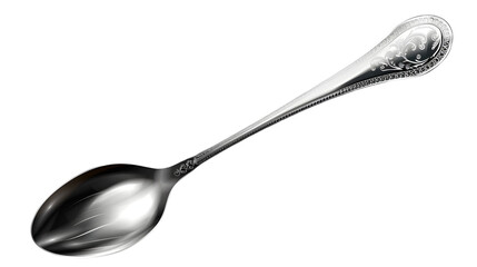 Isolated silver spoon with decorative handle on a  transparent background in a diagonal position 