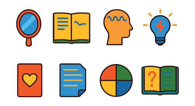 Flat vector icons of self-reflection tools: mirror journal entry, thought tracker line, insight flash icon, values card, today I learned sheet, mental energy wheel, reflective prompt icon, growth