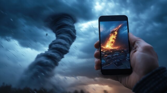 Capturing disaster.  A powerful tornado and fire seen through a phone