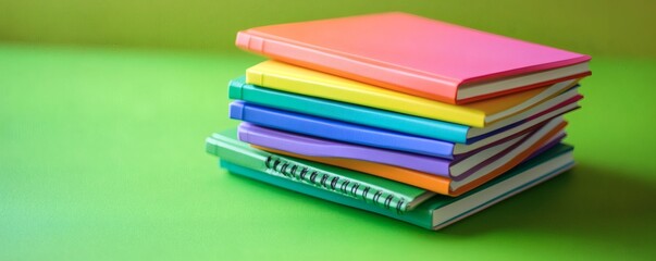 Fototapeta premium A colorful stack of notebooks on a vibrant green surface
