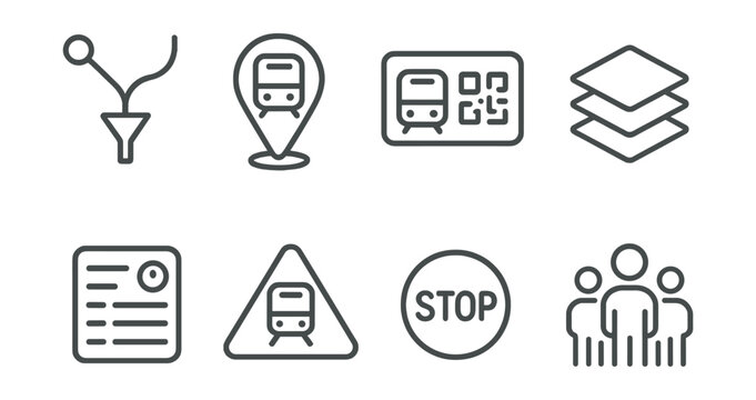 Line style icons of public transport UI: route filter, nearby station, digital pass, map layers, timeboard icon, transit alerts, stop request, crowd level.