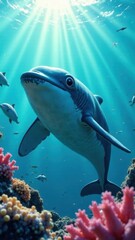 Obraz premium Vector artwork depicting a shark swimming through vibrant coral reefs in clear blue water with sunlight streaming from above