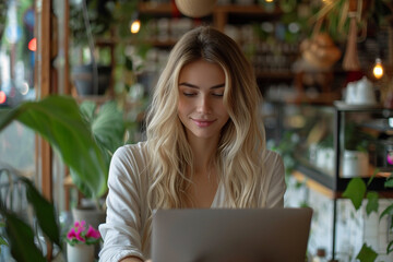 ONE vibrant and ambitious young blonde businesswoman, exuding confidence and determination, finds solace and inspiration as she diligently works on her laptop, basking in serene ambiance of one charmi