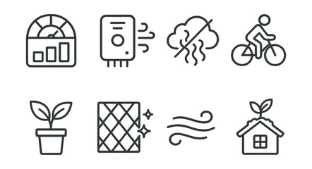 Line style icons of air quality: AQI chart, air sensor, reduce smoke, bike commute, indoor plant, clean filter, fresh breeze, green roof.