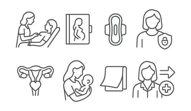 Line style icons of women’s health access: midwife visit, prenatal file, menstrual pad icon, privacy zone, reproductive care symbol, mother-child icon, clean cloth, healthcare referral.